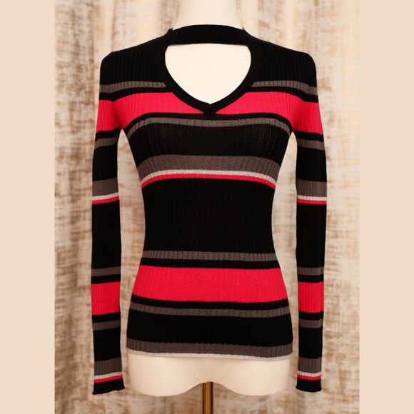 No Boundaries Pink and Black Striped Cutout Neck Sweater Size S (3-5) - Picture 1 of 3